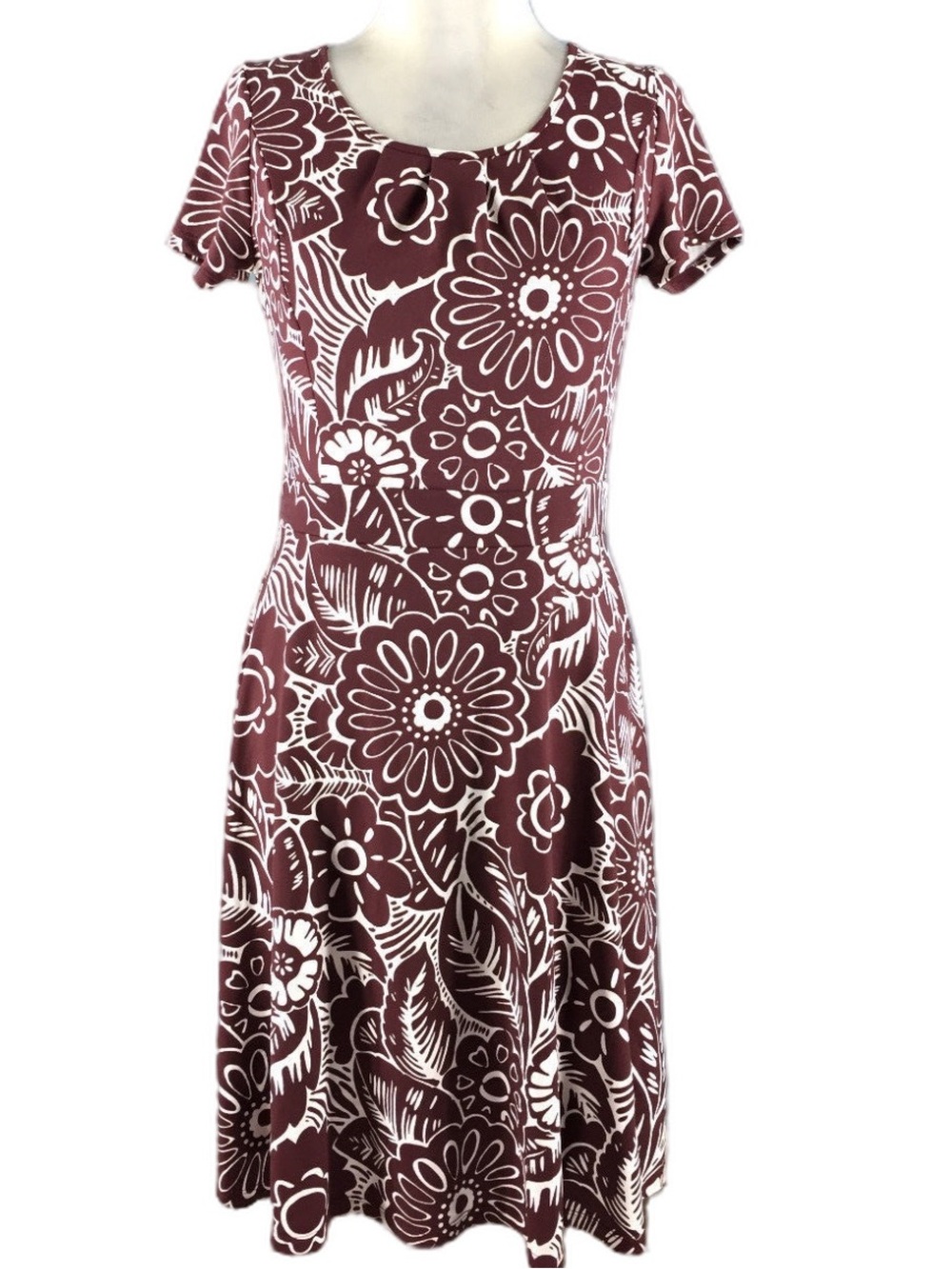 Talbots brown and White Floral Short-Sleeve Fit-and-Flare Dress size M